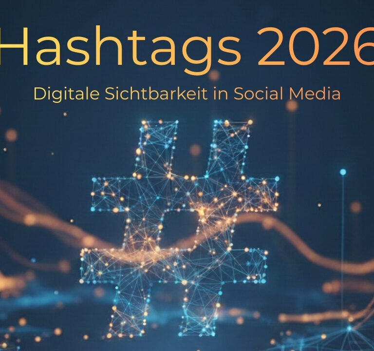 Ki generiertes Bild. Futuristisches Hashtag-Symbol aus leuchtenden Datenpunkten vor dunklem Hintergrund, mit Schriftzug Hashtags 2026 und Digitale Sichtbarkeit in Social Media.