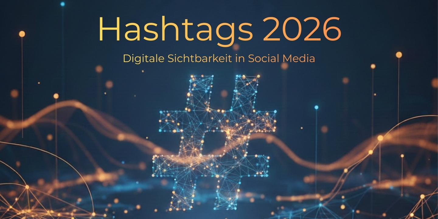 Ki generiertes Bild. Futuristisches Hashtag-Symbol aus leuchtenden Datenpunkten vor dunklem Hintergrund, mit Schriftzug Hashtags 2026 und Digitale Sichtbarkeit in Social Media.
